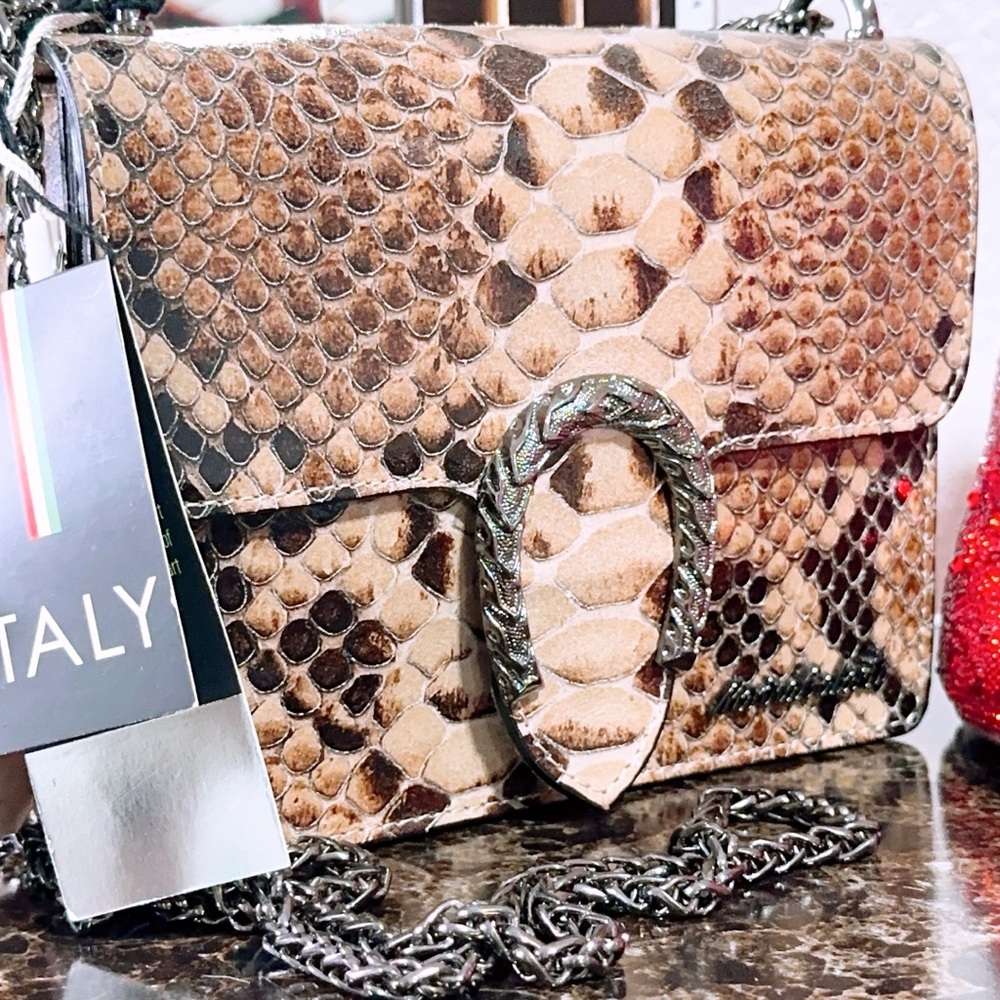 Vera Pelle Snake Print Leather Metal black chain crossbody Italy bag